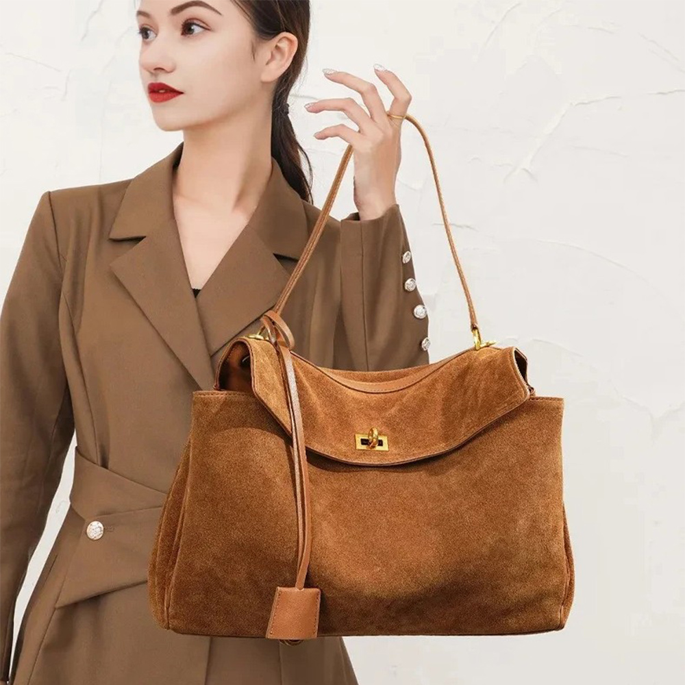 Women Bags On Sale - 秋冬レディーススエード本革バッグ ショルダーハンドバッグ 大容量シングルトートバッグ ハンドバッグ 高級デザイナーバッグ